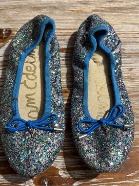 Sam Edelman Girls Size 3 Blue Glitter Felicia Ballet Flat Shoes